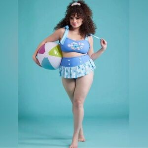 Disney Stitch and Ducks Floral Swim Suit Bikini Size 1X/2X Tie Top Skirt Bottom